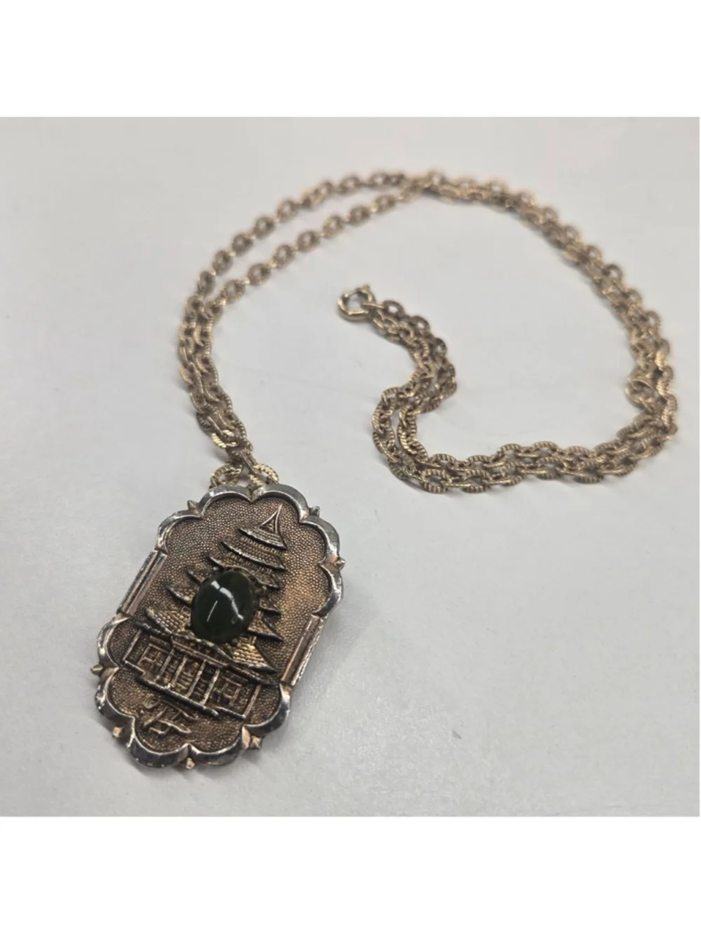 PERI Pagoda Jade Cabachon Pendant Necklace Brooch Pin Option Vintage Women's